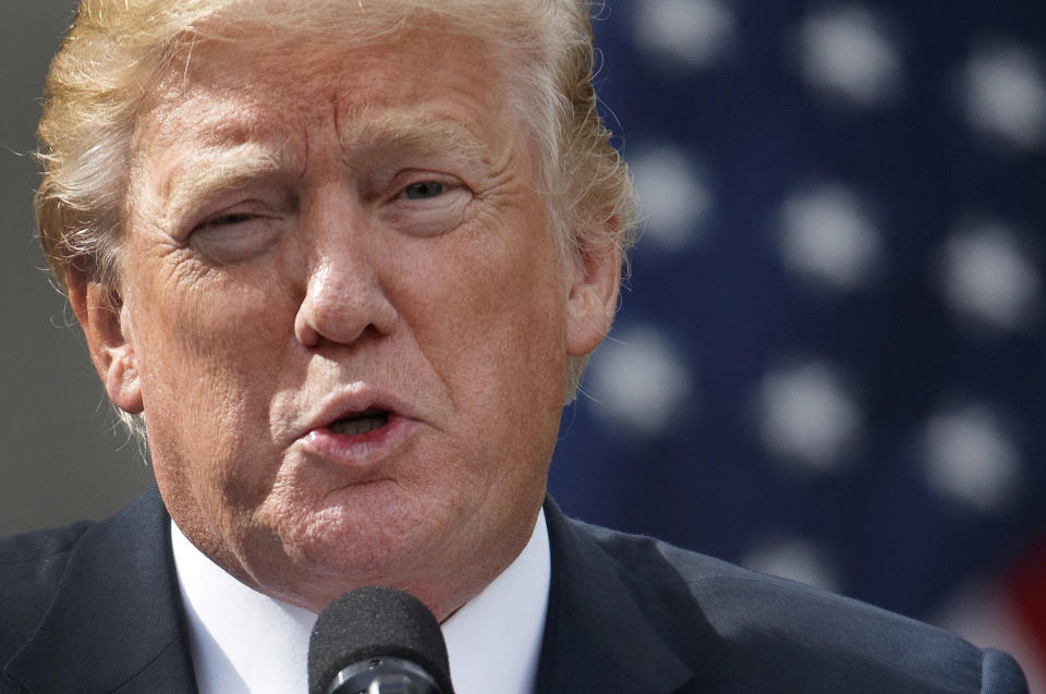 FILE - President Donald Trump speaks during a joint statement with Singapore's Prime Minister Lee Hsien Loong in the Rose Garden of the White House, Monday, Oct. 23, 2017, in Washington. Attorney General Daniel Cameron won former President Donald's Trump's endorsement Thursday evening, June 16, 2022 in his 2023 bid for governor — offering a huge momentum boost given the ex-president's enduring popularity among Republican voters in the state.(AP Photo/Evan Vucci, File)