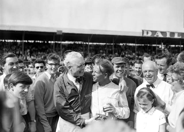 Ferrari driver Peter Collins, right, is congratulated by runner-up Mike Hawthorn after becoming Silverstone's first British winner in 1958, driving at an average speed of 102.05 miles an hour. Compatriot Hawthorn would be the one smiling at the end of the season as he became his country's first world champion