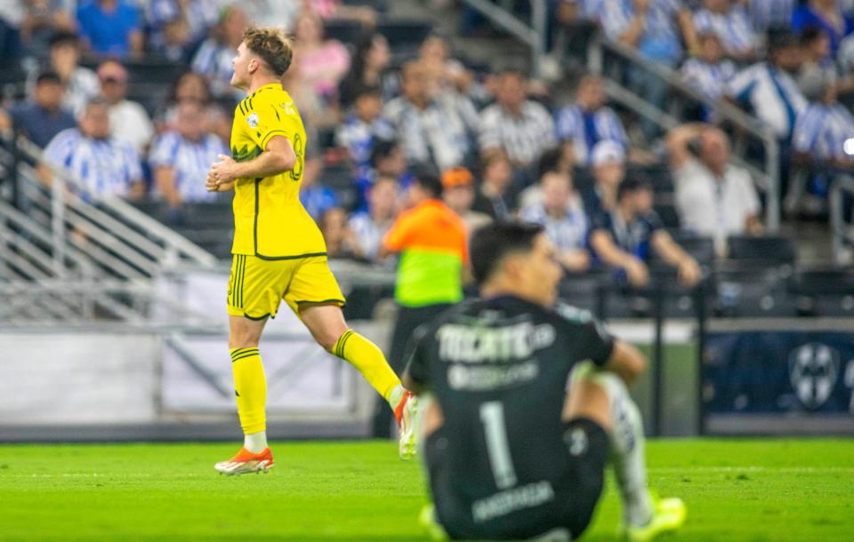 Columbus Crew's Aidan Morris celebrates after scoring a goal during the Concacaf Champions Cup semi-final second leg football match between Mexico's Monterrey and USA's Columbus Crew at the BBVA Bancomer stadium in Monterrey, Mexico on May 1, 2024. (Photo by Julio Cesar AGUILAR / AFP) (Photo by JULIO CESAR AGUILAR/AFP via Getty Images)