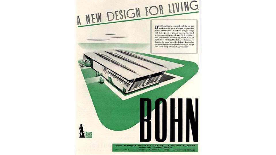 Poster featuring streamlined futuristic building
