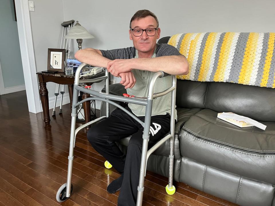 Shoe Cove, Baie Verte Peninsula fisherman Richard Martin requires a walker to get around these days after suffering a broken hip during a protest in St. John's on March 20.