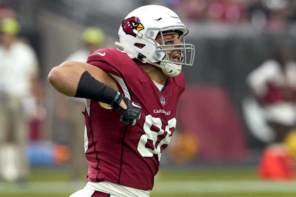 Arizona Cardinals tight end Zach Ertz (86) reacts after making his first reception as an Arizona Cardinal during the first half of an NFL football game against the Houston Texans, Sunday, Oct. 24, 2021, in Glendale, Ariz. (AP Photo/Darryl Webb)