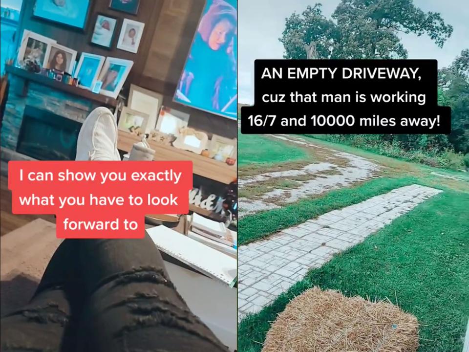 screenshots of a tiktok showing bucket bunnies what they have to "look forward to" and an empty driveway