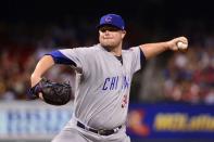 Sep 25, 2017; St. Louis, MO, USA; Chicago Cubs starting pitcher Jon Lester (34) pitches during the third inning against the St. Louis Cardinals at Busch Stadium. Mandatory Credit: Jeff Curry-USA TODAY Sports