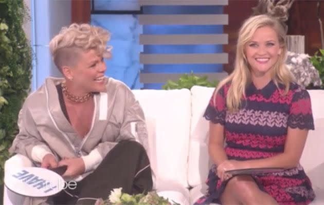 Reese and Pink play 'Never Have I Ever' on The Ellen Show. Source: Warner Bros.