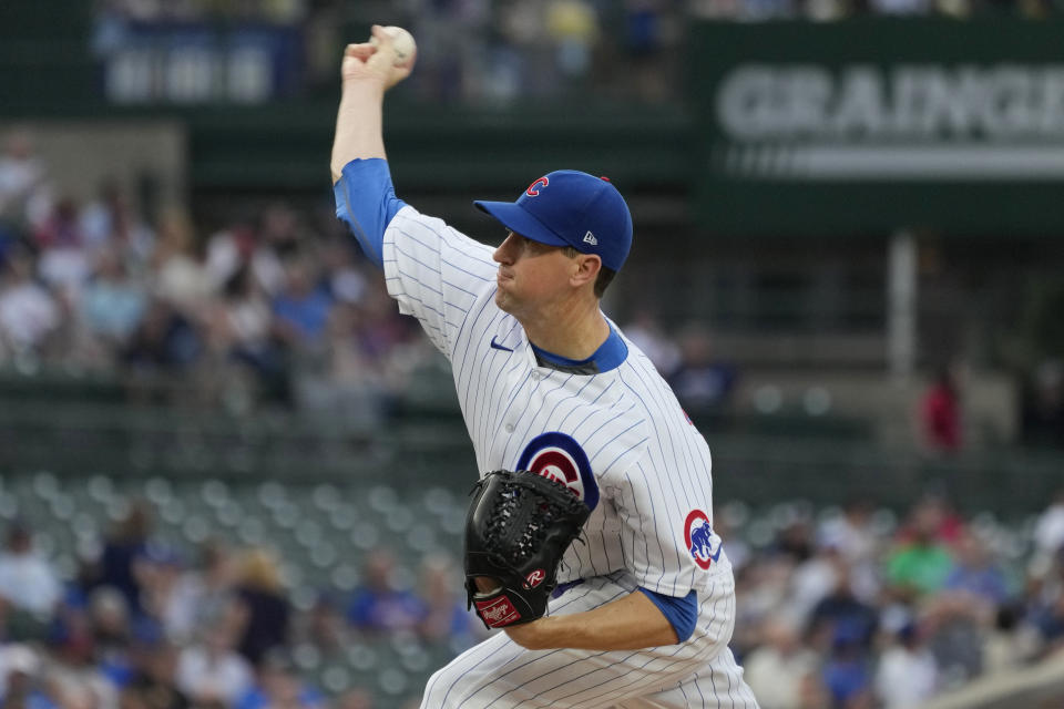 Chicago Cubs starting pitcher Kyle Hendricks throws to a Washington Nationals batter during the first inning of a baseball game in Chicago, Wednesday, July 19, 2023. (AP Photo/Nam Y. Huh)