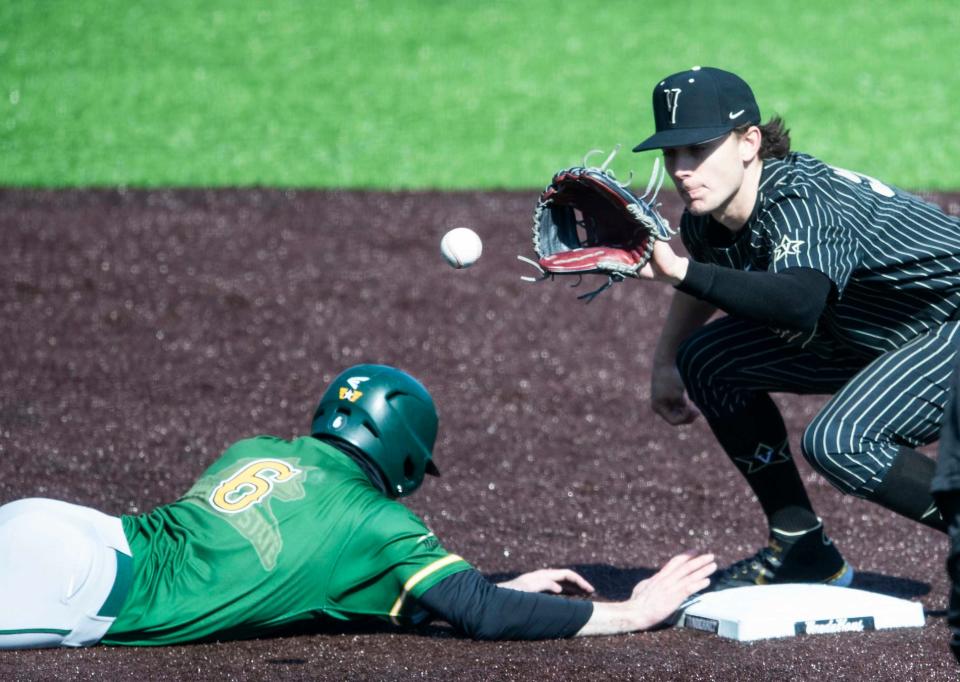 Wright State Raiders's Tyler Black (6) returns to second base as Vanderbilt Commodores's Carter Young (9) catches the ball against Wright State at Hawkins Field in Nashville, Tenn., Monday, Feb. 22, 2021. 