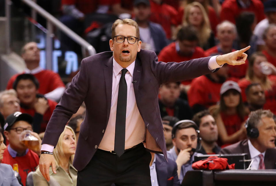 TORONTO, ONTARIO - MAY 19: Head coach Nick Nurse of the Toronto Raptors reacts during the second half against the Milwaukee Bucks in game three of the NBA Eastern Conference Finals at Scotiabank Arena on May 19, 2019 in Toronto, Canada. NOTE TO USER: User expressly acknowledges and agrees that, by downloading and or using this photograph, User is consenting to the terms and conditions of the Getty Images License Agreement. (Photo by Gregory Shamus/Getty Images)