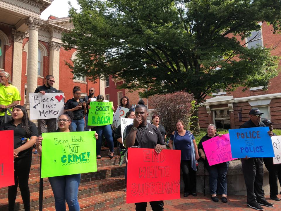 Several members of the Waynesboro social justice group RISE, the New Black Panthers of Waynesboro and employees of Nexus out of Verona gathered on the Augusta County Courthouse steps Thursday, Sept. 5, 2019 to protest the Augusta County Sheriff's Office.