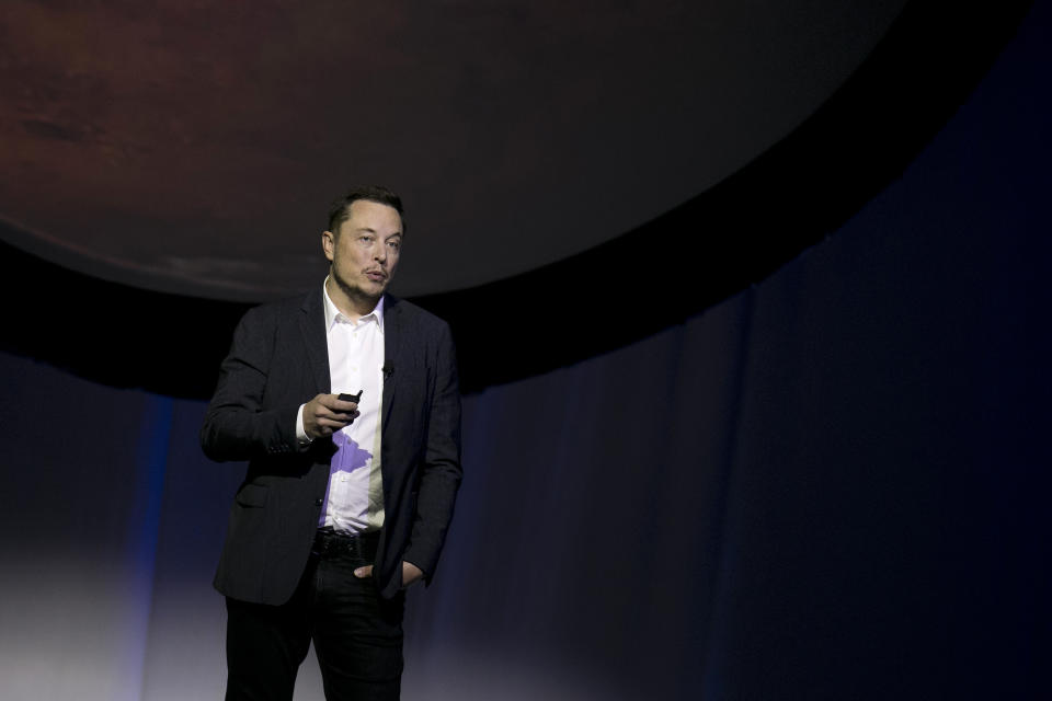 SpaceX founder Elon Musk speaks during the 67th International Astronautical Congress in Guadalajara, Mexico, Tuesday, Sept. 27, 2016. In a receptive audience full of space buffs, Musk said he envisions 1,000 passenger ships flying en masse to Mars, 'Battlestar Galactica' style. He calls it the Mars Colonial fleet, and he says it could become reality within a century. Musk's goal is to establish a full-fledged city on Mars and thereby make humans a multi-planetary species. (AP Photo/Refugio Ruiz)