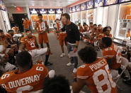 Texas Longhorns wide receivers coach Drew Mehringer talks with players in the locker room at halftime during the game against the LSU Tigers Saturday Sept. 7, 2019 at Darrell K Royal-Texas Memorial Stadium in Austin, Tx. ( Photo by Edward A. Ornelas )