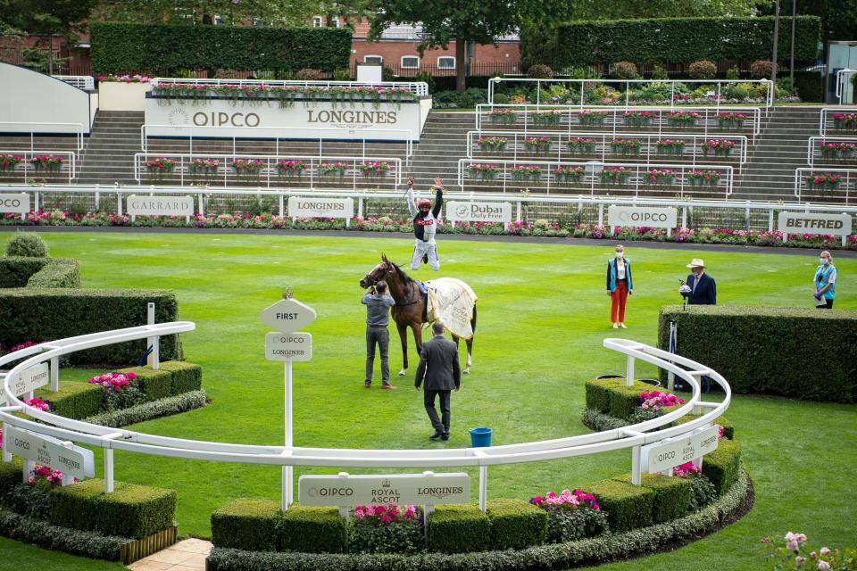 Frankie Dettori performs his trademark flying dismount from Frankly Darling after winning the Ribblesdale Stakes at Royal Ascot