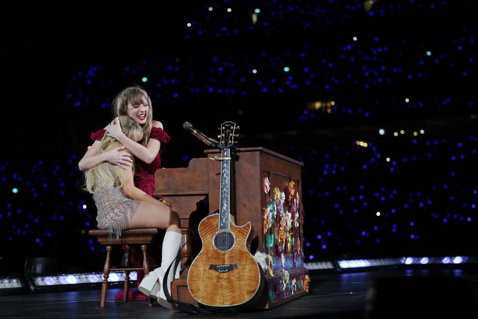 Taylor Swift performs with Sabrina Carpenter at Accor Stadium on February 23, 2024 in Sydney, Australia. 