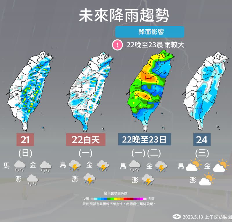 ▲氣象局上午公布週末各地降雨趨勢預報，下週一晚間仍有另一波劇烈雨勢發生機率。（圖／中央氣象局提供）