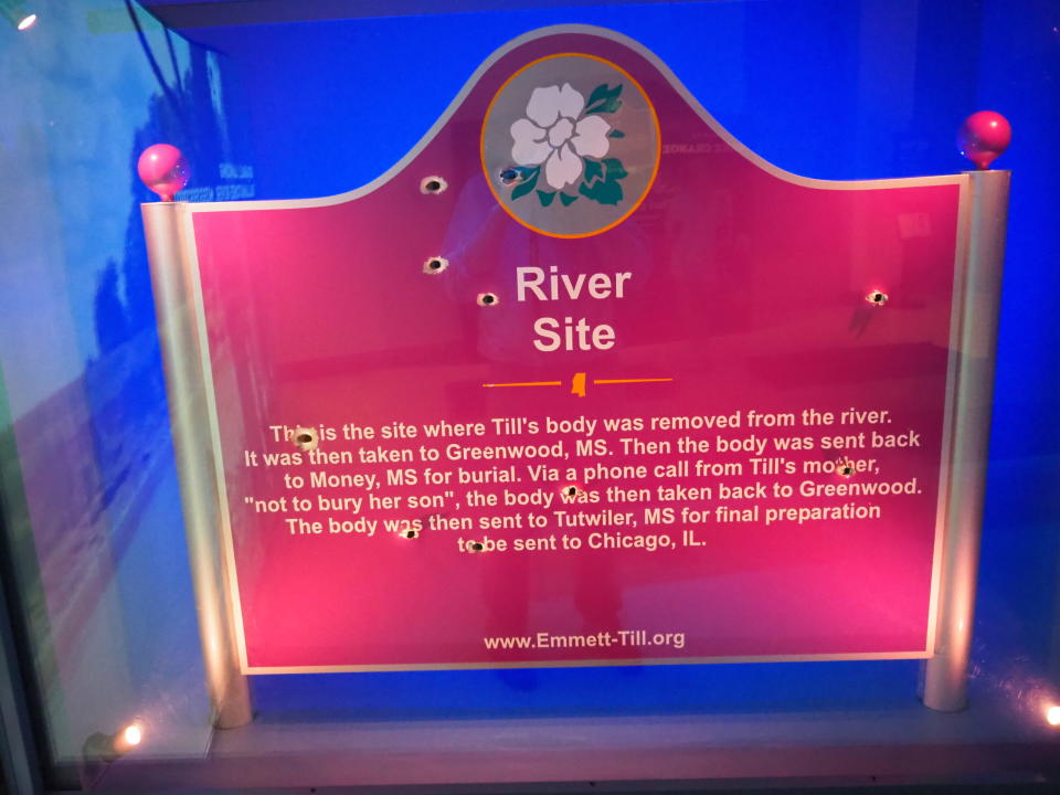 The Rev. Wheeler Parker said the murder of Emmett Till, 14, by white supremacists in Mississippi reignited the civil rights movement in 1955. This bullet-riddled sign marked the spot Till's body was recovered from the Tallahatchie River. Parker says the vandalism tells a story about race relations.