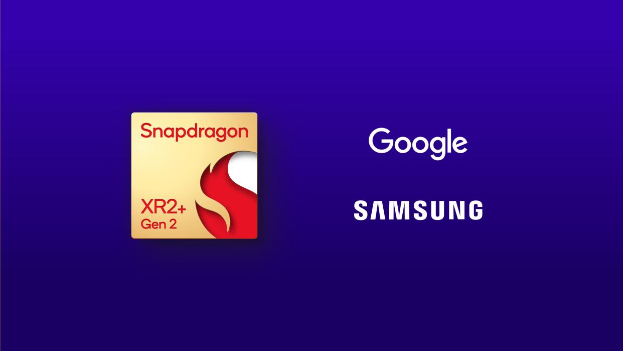  A mockup of the Snapdragon XR2+ Gen 2 chip next to the Google and Samsung logos. 