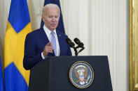 President Joe Biden speaks before signing the Instruments of Ratification for the Accession Protocols to the North Atlantic Treaty for the Republic of Finland and Kingdom of Sweden in the East Room of the White House in Washington, Tuesday, Aug. 9, 2022. The document is a treaty in support of Sweden and Finland joining NATO. (AP Photo/Susan Walsh)