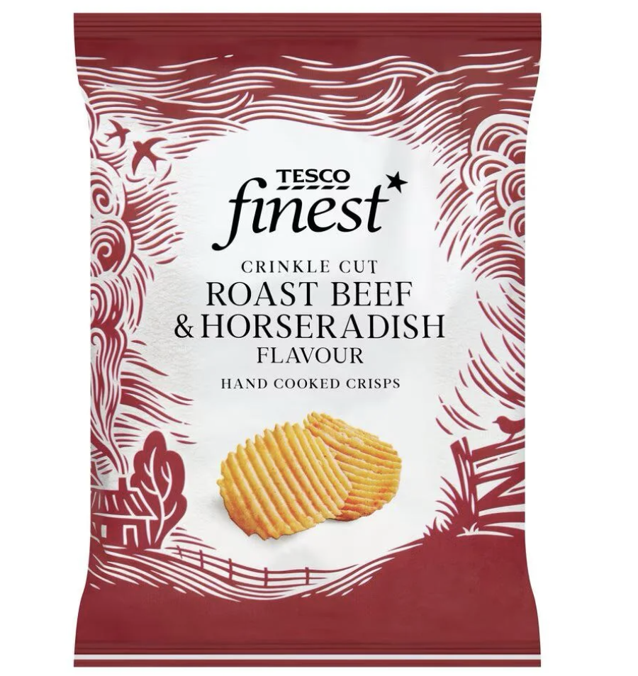 Bag of Tesco Finest Crinkle Cut Roast Beef & Horseradish Flavour Hand Cooked Crisps showing two crisps outside the bag and decorative illustrations