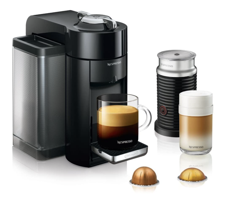 Nespresso Vertuo Coffee and Espresso Machine with Aeroccino Milk Frother and golden nespresso coffee pods