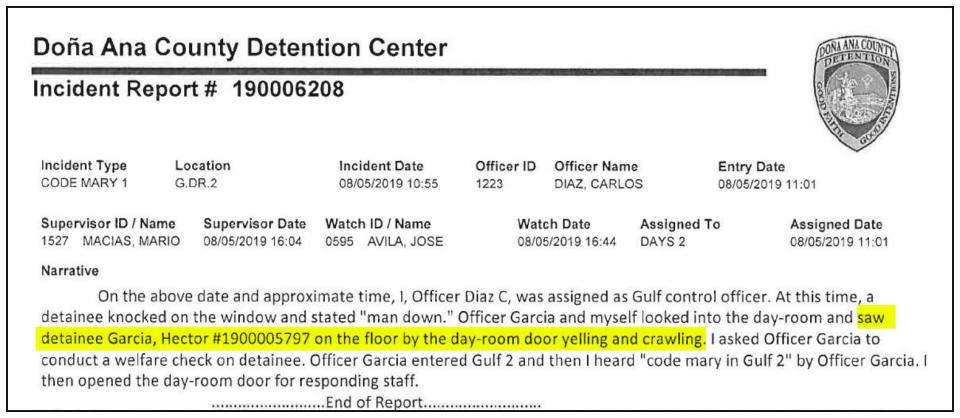 An August 4, 2019 incident report from the Doña Ana Detention Center