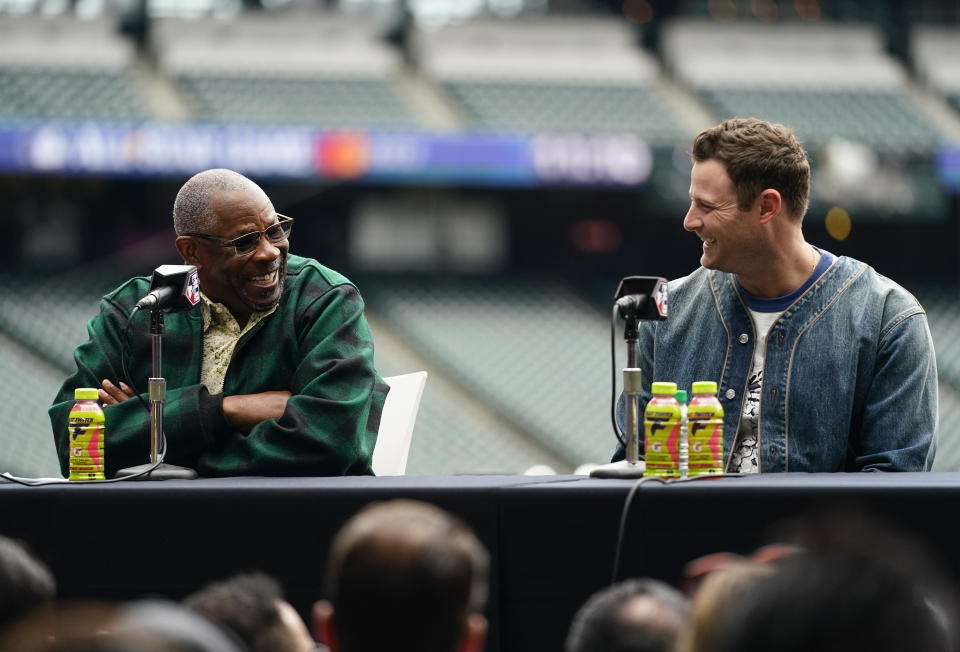 American League manager Dusty Baker, of the Houston Astros, smiles with American League starting pitcher Gerrit Cole, of the New York Yankees, during an All-Star Game press conference, Monday, July 10, 2023, in Seattle. The All-Star Game will be played Tuesday, July 11. (AP Photo/Lindsey Wasson)