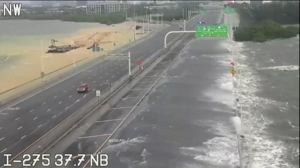 This photo provided by FDOT shows flooded interstate 275 Over Tampa Bay, Fla., on Wednesday, Aug. 30, 2023. Hurricane Idalia steamed toward Florida’s Big Bend region as a dangerous Category 4 storm Wednesday morning, threatening deadly storm surges and destructive winds in an area not accustomed to such pummeling. (FDOT via AP)