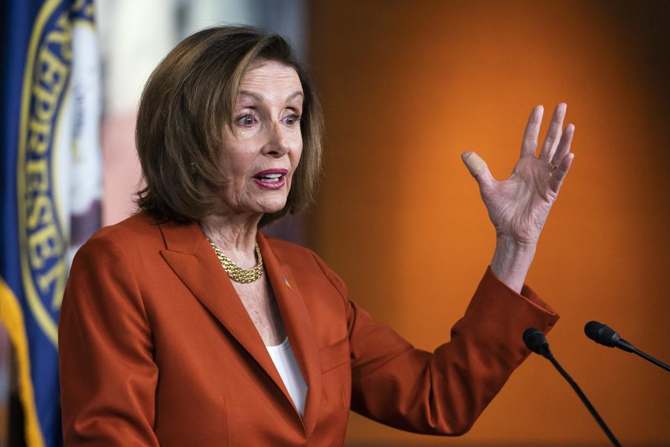 Speaker of the House Nancy Pelosi of Calif., speaks during her weekly news conference, Wednesday, March 9, 2022, on Capitol Hill in Washington. (AP Photo/Jacquelyn Martin)