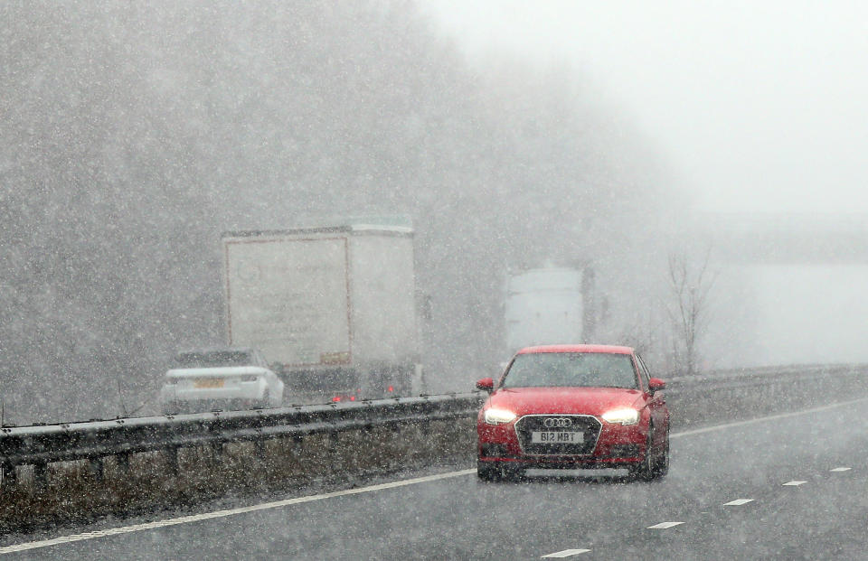 Drivers face snowy conditions on the A2 near Canterbury in Kent as the cold snap dubbed the &quot;mini beast from the east&quot; continues across the UK.