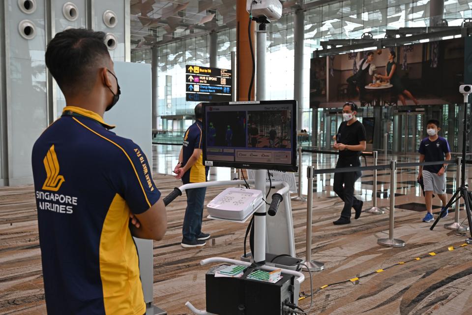 Temperature screening before the launch Restaurant A380 @Changi at Changi International Airport in Singapore.