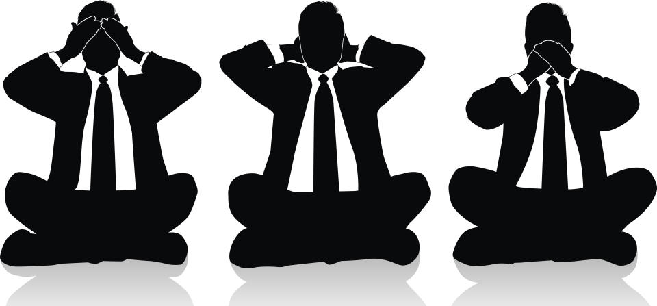 Businessmen imitating the three wise monkeys: see no evil, hear no evil, speak no evil. Files included &#x002013; jpg, ai (version 8 and CS3), svg, and eps (version 8)