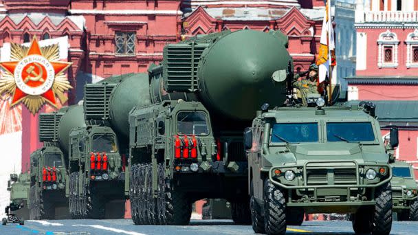 PHOTO: Russian RS-24 Yars ballistic missiles roll in Red Square during the Victory Day military parade in Moscow, June 24, 2020. (Alexander Zemlianichenko/AP)