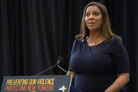 FILE - New York Attorney General Letitia James speaks during a ceremony where Gov. Kathy Hochul signed a package of bills to strengthen gun laws June 6, 2022, in New York. James is conducting a civil investigation into allegations that the former president’s company, the Trump Organization, misled banks and tax authorities about the value of assets like golf courses and skyscrapers to get loans and tax benefits. (AP Photo/Mary Altaffer, File)