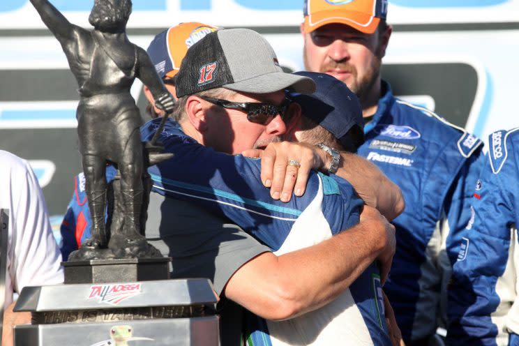 The Rickys Senior and Junior celebrate in victory lane. (Getty)