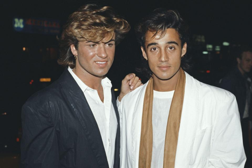 Wham's George Michael and Andrew Ridgeley at the premiere of the film 'Dune', London, England, 1984