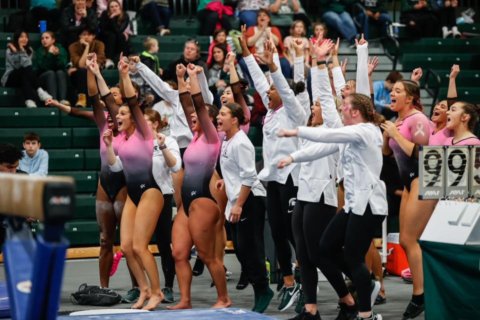 MSU celebrates its team-record 198.225 against Bowling Green and Long Island.