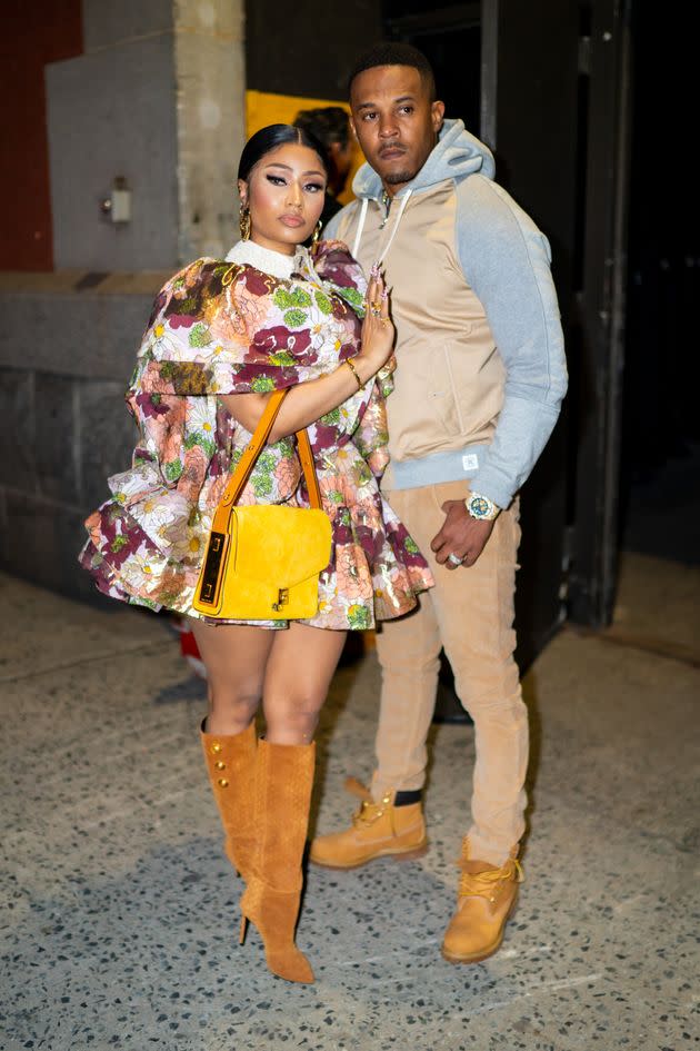 Nicki Minaj and Kenneth Petty arrive at the Marc Jacobs fashion show on Feb. 12, 2020.