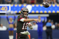 Tampa Bay Buccaneers quarterback Tom Brady throws against the Los Angeles Rams during the first half of an NFL football game Sunday, Sept. 26, 2021, in Inglewood, Calif. (AP Photo/Jae C. Hong)