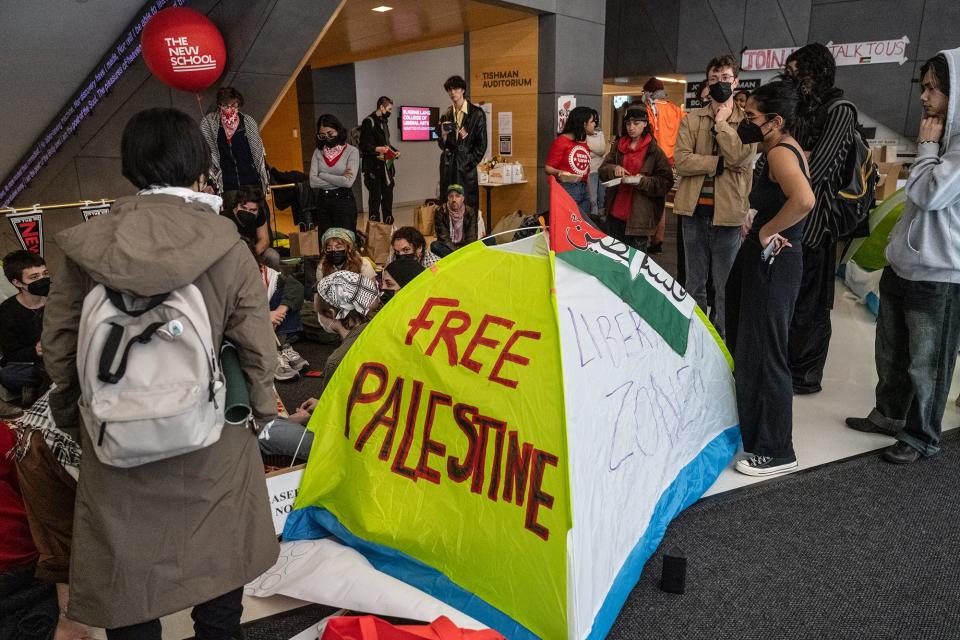 Student activists set up a protest encampment in support of Palestine inside the New School on April 21, 2024 in New York City.