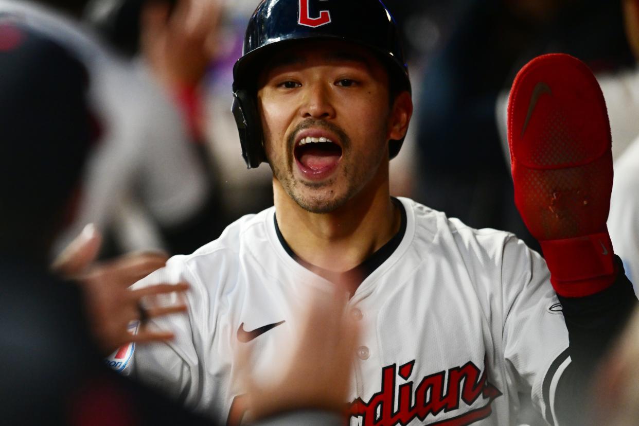 Apr 19, 2024; Cleveland, Ohio, USA; Cleveland Guardians left fielder Steven Kwan (38) celebrates after scoring during the fifth inning against the Oakland Athletics at Progressive Field. Mandatory Credit: Ken Blaze-USA TODAY Sports