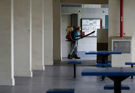 A worker sprays insecticide along the common areas of a public housing estate in Singapore