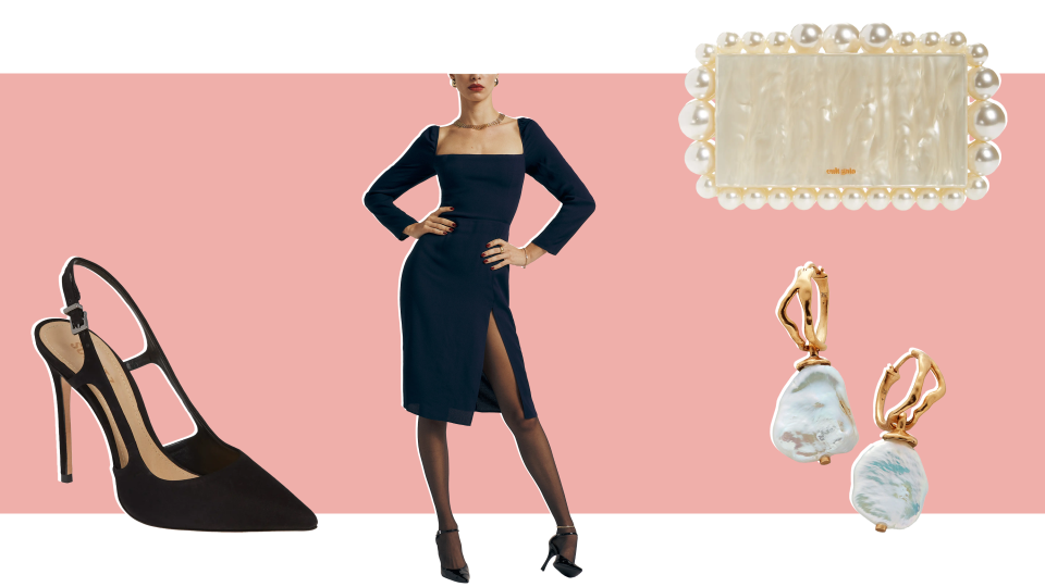 The office holiday party doesn't have to be drab. Bring the style with a sleek dress from Reformation and a bold clutch from Cult Gaia.