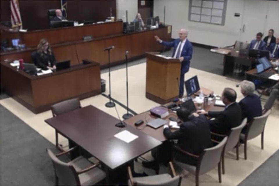 FILE - In this photo provided by the Colorado Judicial Branch, defense attorney Harvey Steinberg gives opening statements at the start of a trial of two of the police officers charged in the death of Elijah McClain, Sept. 20, 2023, in Brighton, Colo. (Colorado Judicial Branch via AP, File)