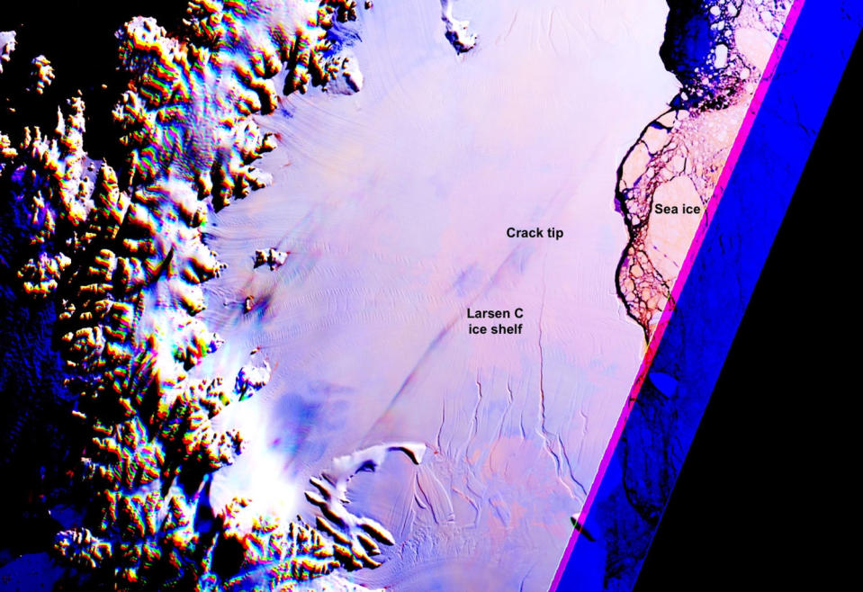 A satellite image showing the giant (and growing) crack in the Larsen C ice shelf on April 6, 2017. <cite>NASA Earth Observatory</cite>