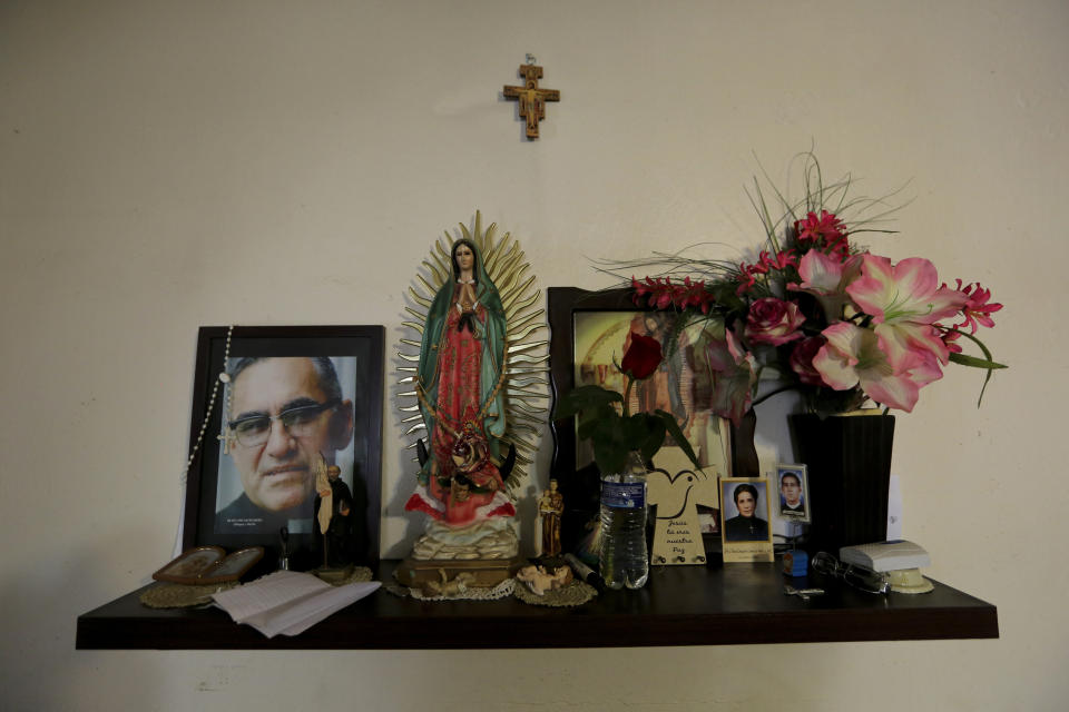 In this Sept. 18, 2019 photo, religious images decorate the kitchen at a migrant shelter in Monterrey, Mexico. Migrants waiting at the U.S.-Mexican border, in the Mexican state of Tamaulipas, recount harrowing stories of robbery, extortion by criminals and crooked officials, and kidnappings by competing cartels. (AP Photo/Fernando Llano)