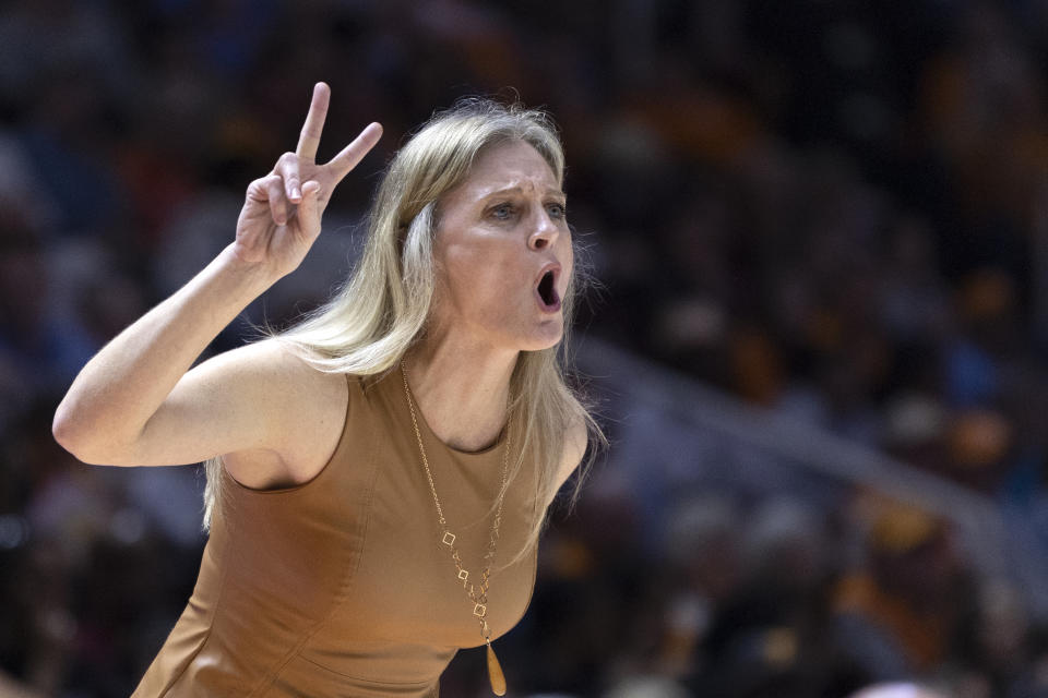 Tennessee head coach Kellie Harper yells to her players during the second half of an NCAA college basketball game against South Carolina, Thursday, Feb. 23, 2023, in Knoxville, Tenn. (AP Photo/Wade Payne)