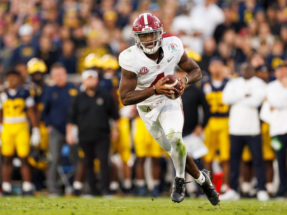 University of Alabama quarterback Jalen Milroe in the CFP Semifinal Rose Bowl against the University of Michigan in January 2024.