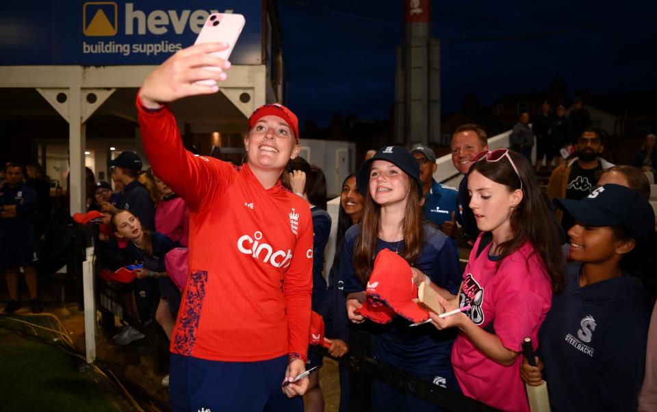 Sophie Ecclestone of England poses for a photo during the 2nd Women's Vitality IT20 match between England and Pakistan at The County Ground on May 17, 2024 in Northampton, England.