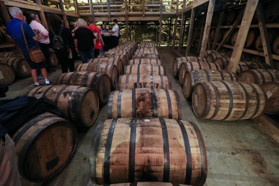 Bourbon tasting in the limestone cellar at the Maker's Mark distillery in Loretto, Ky. on Aug. 10, 2023.