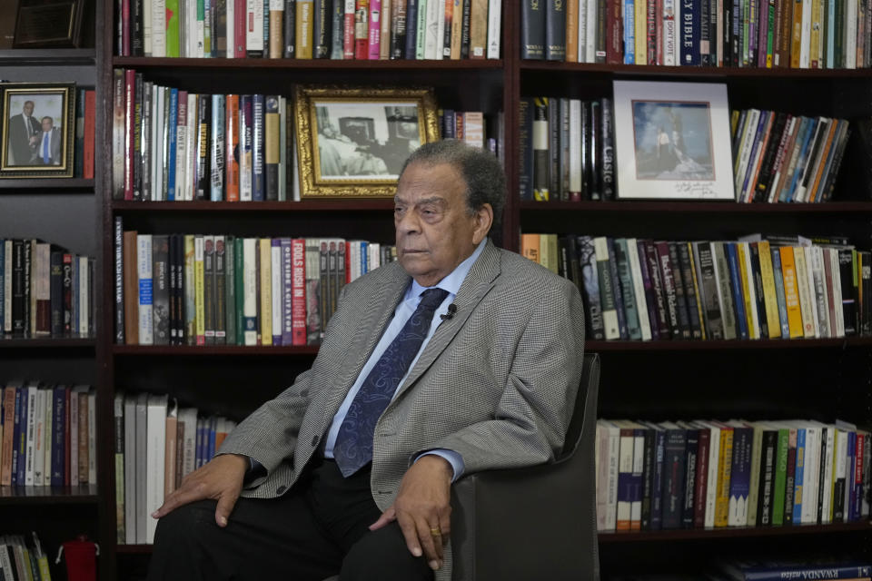 Civil Rights icon Andrew Young speaks during an interview with The Associated Press, May 18, 2023, in Atlanta. Young, one of the last surviving members of Martin Luther King Jr.'s inner circle, recalled the journey to the signing of the Voting Rights Act as an arduous one, often marked by violence and bloodshed.(AP Photo/Brynn Anderson)