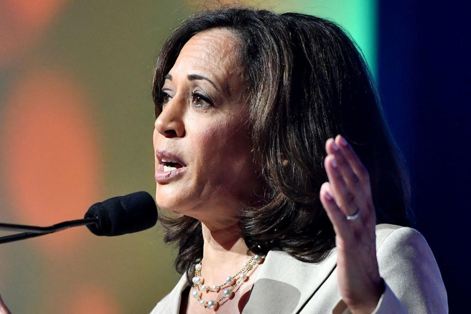 Kamala Harris speaks on stage at 2019 ESSENCE Festival Presented By Coca-Cola at Ernest N. Morial Convention Center on July 06, 2019 in New Orleans, Louisiana. | Paras Griffin—Getty Images for ESSENCE